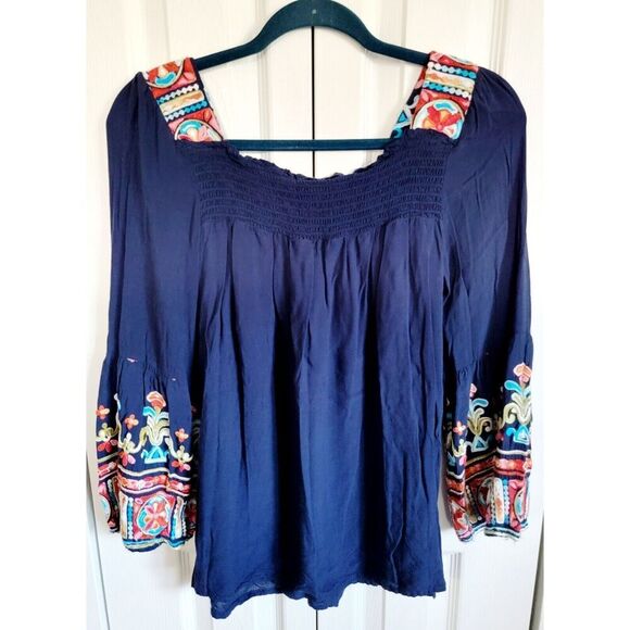 Wrangler M Women's Boho Blouse 3/4 Balloon Sleeve Western Country Shirt Top - Picture 2 of 8